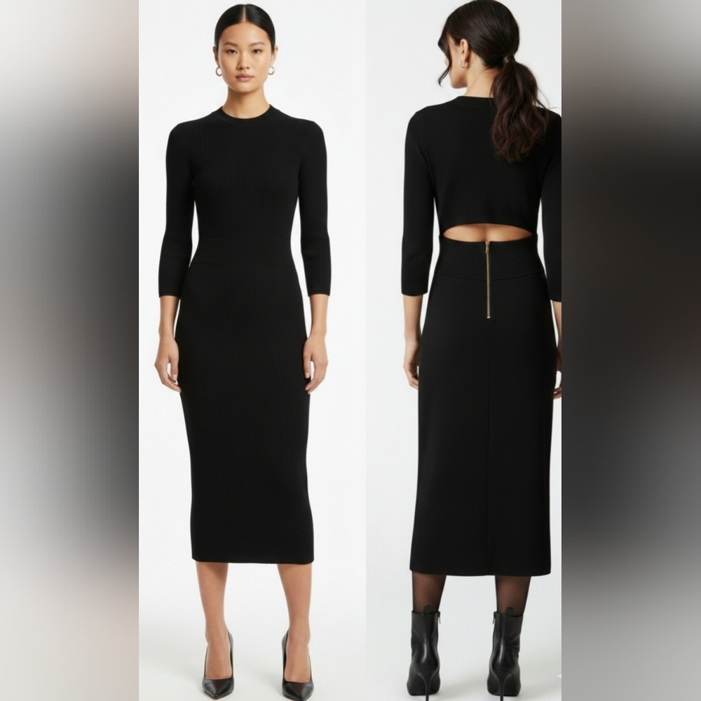 NWT Rachel Roy Black Ribbed Midi Knit Dress with Back Cutout Size:S